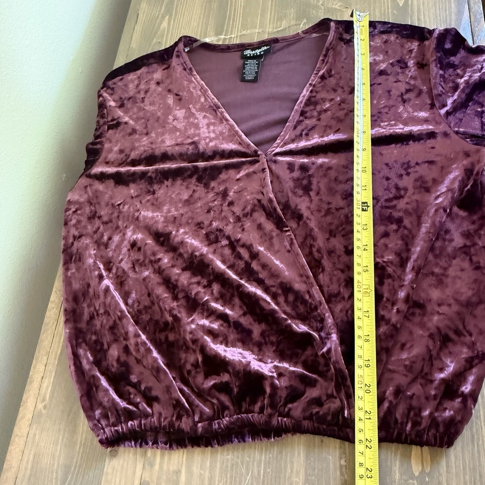 Wrangler Retro Womens Medium Burgundy Balloon Sleeve V-Neck Wrap Velvet Blouse - Picture 8 of 8